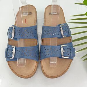 Earth Women's Sand Antigua Sandal Size 7 Low Wedge Slide Blue Straps Buckle